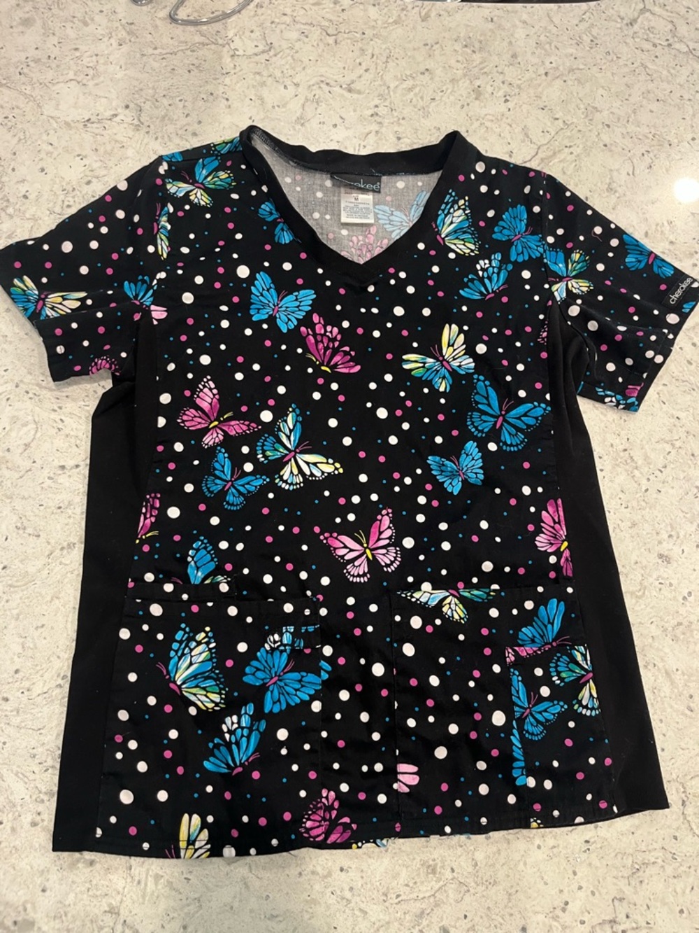 Cherokee Black Butterfly Print V-Neck Scrub Top